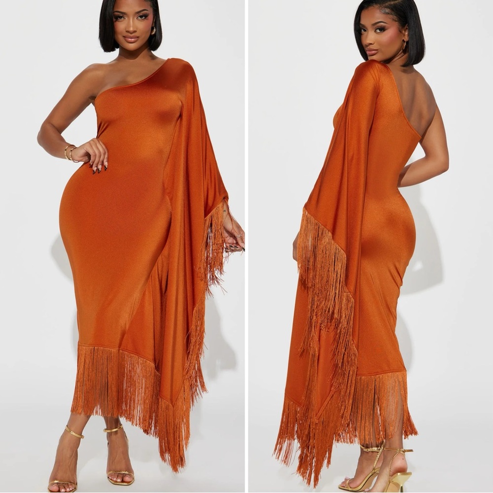 Fringe , one shoulder, midi Dress- fashion nova